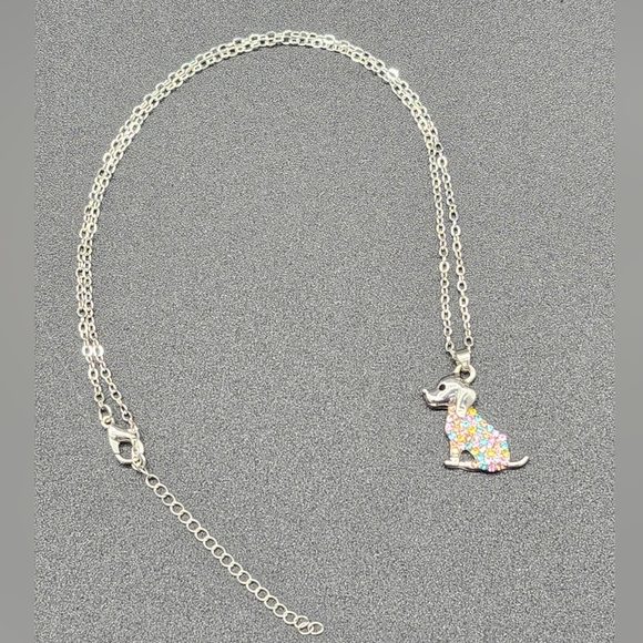 🩷 3/$15 Colorful Dog Pendant Necklace With Blue, Pink & Yellow Crystals NWOT - Picture 2 of 3